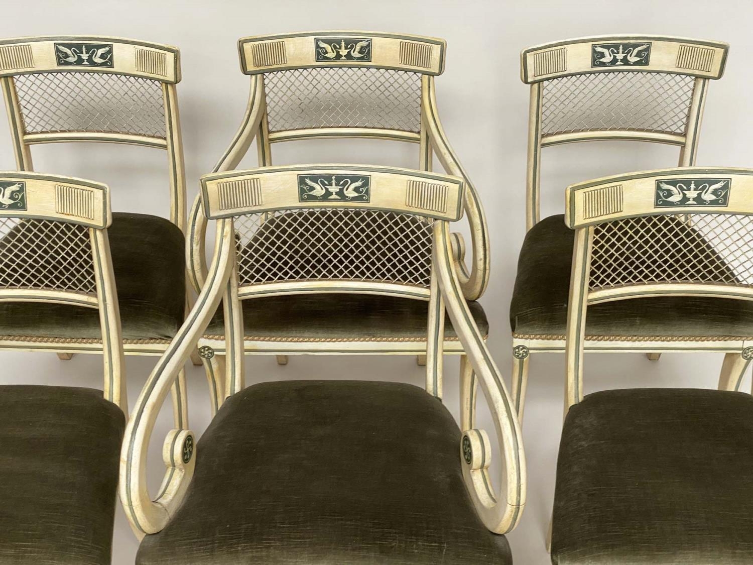 DINING CHAIRS, a set of six, Regency style painted with arch bowed backs and green velvet - Image 7 of 7