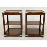 LAMP TABLES, a pair, campaign style mahogany and brass bound each with brushing candle slides and