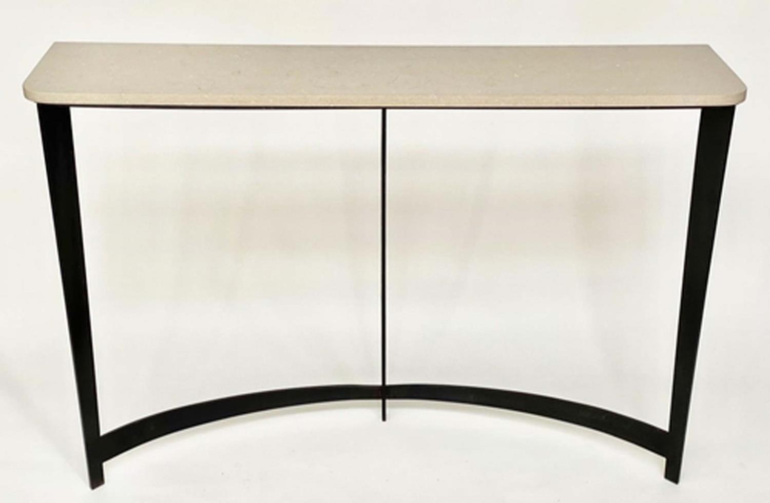 TOM FAULKNER CONSOLE TABLE, taupe shaped marble top raised upon wrought iron concave and tapering