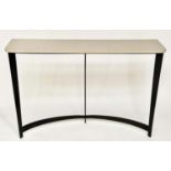 TOM FAULKNER CONSOLE TABLE, taupe shaped marble top raised upon wrought iron concave and tapering