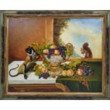 JAIME MANRIQUE (b.1940, Spain) 'Still life with Fruit, Monkey and Squirrel, oil on board, 70cm x