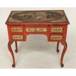 VENETIAN SIDE TABLE, 18th century. scarlet lacquered with painted panels of courtly scenes and