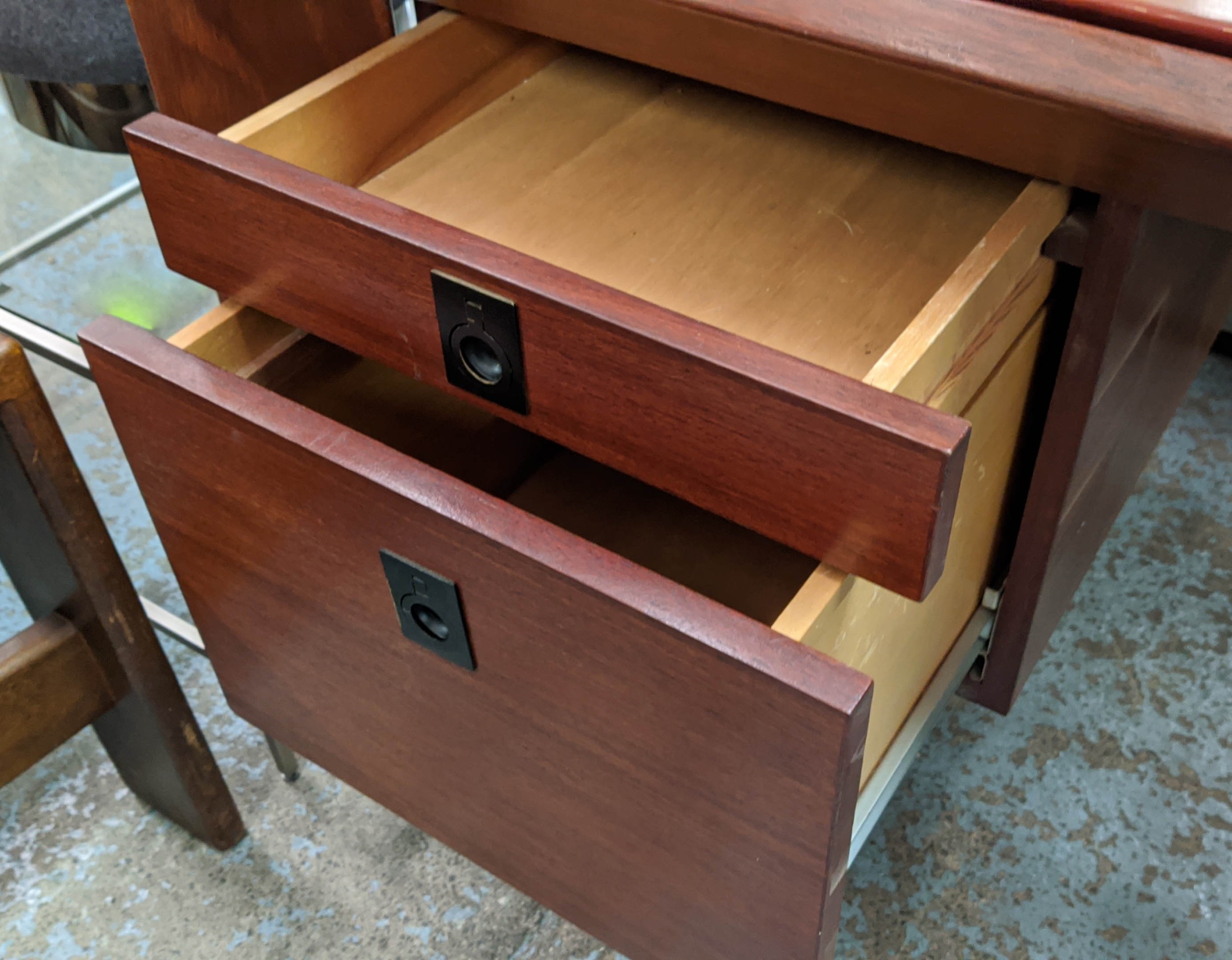 DESK, 140cm x 93cm x 75cm, vintage mid 20th century floating top design, with two drawers. - Image 7 of 7