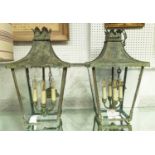 RICHARD TAYLOR VERDIGRIS REGENCY LANTERNS, a pair, 110cm drop. (2)