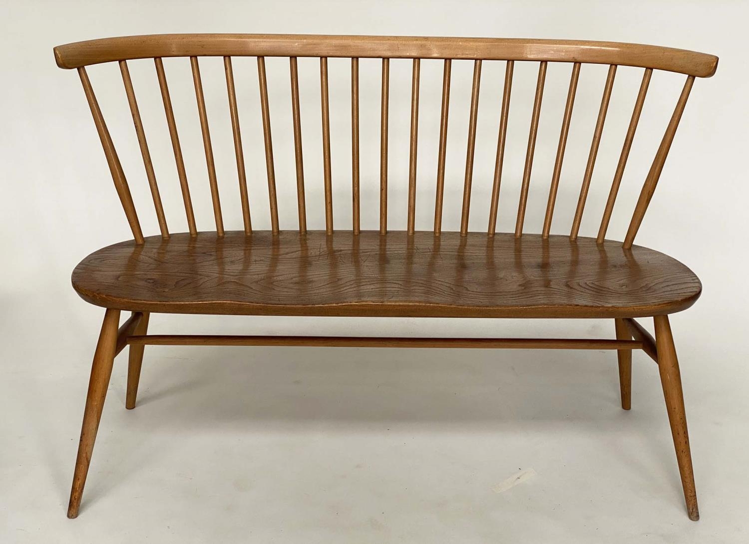 ERCOL LOVE SEAT BENCH, 1960s vintage elm with enclosed rail back and solid seat, 120cm W.