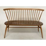 ERCOL LOVE SEAT BENCH, 1960s vintage elm with enclosed rail back and solid seat, 120cm W.