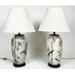 TABLE LAMPS, a pair, Chinese ceramic decorated with birds and bamboo, with shades, 71cm H. (2)