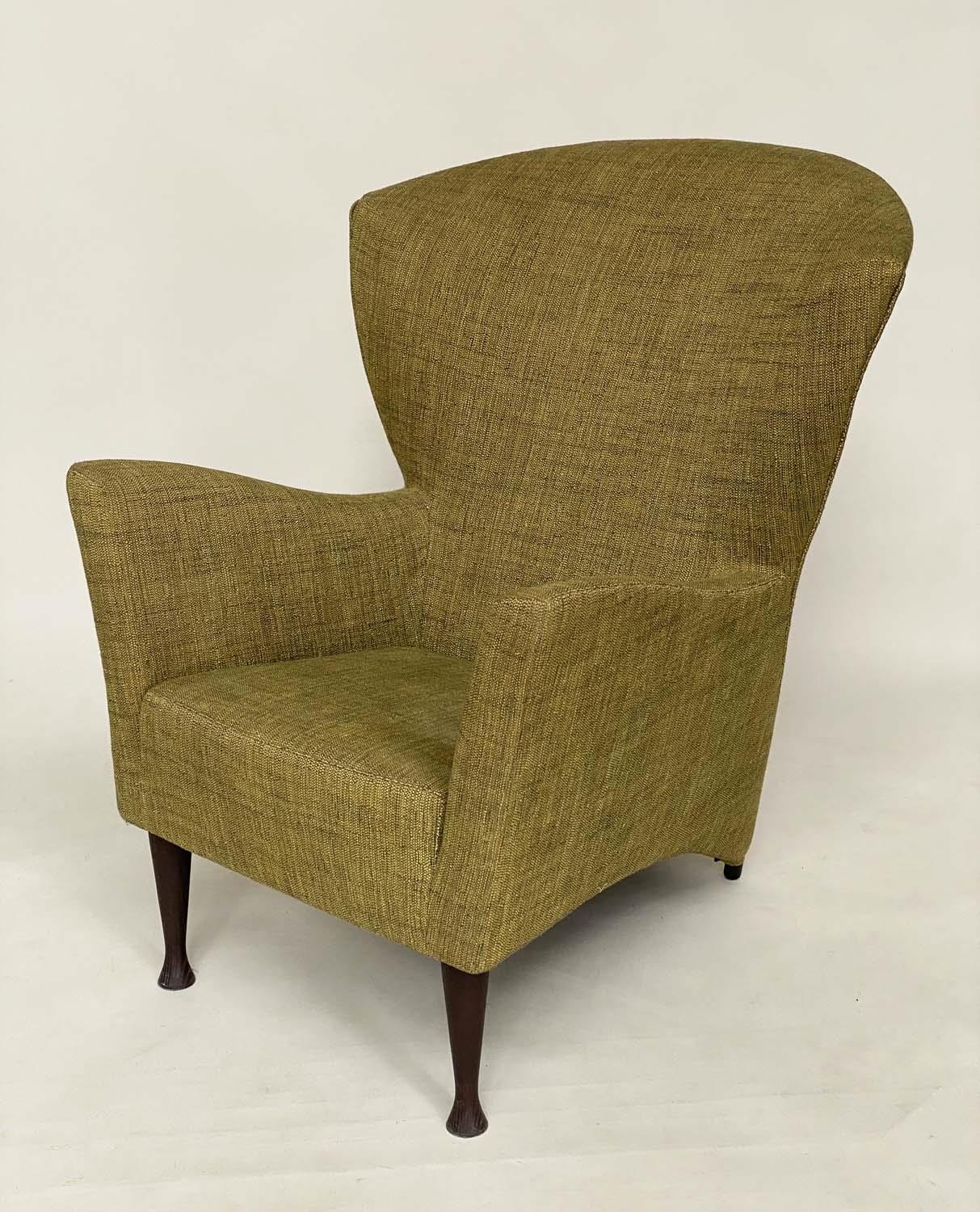 MANNER OF HOWARD KEITH ARMCHAIR, vintage 60s with wing back angular arms and green linen weave