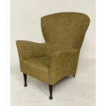 MANNER OF HOWARD KEITH ARMCHAIR, vintage 60s with wing back angular arms and green linen weave