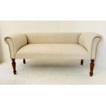 SOFA, 135cm wide, neutral linen upholstery, raised on turned legs.