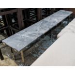 COCKTAIL TABLE, grey marble top, polished metal base, 182cm x 37cm x 40cm.