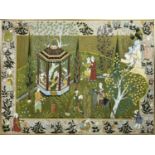 PERSIAN SCHOOL 'Figures in a Royal Garden', gouache on silk, 83cm x 113cm.