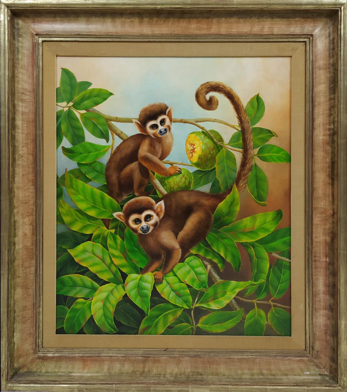 JAIME MANRIQUE (b.1940, Spain) 'Squirrel, Monkeys and Jack Fruit', oil on board 59cm x 49cm,