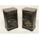 BEDSIDE CABINETS by Oka, a pair, black lacquered and gilt Chinoiserie decorated each with drawer and