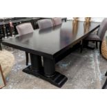 DINING TABLE, ebonised finish, double pedestal base with twin column detail, 270cm x 110cm x 77cm.