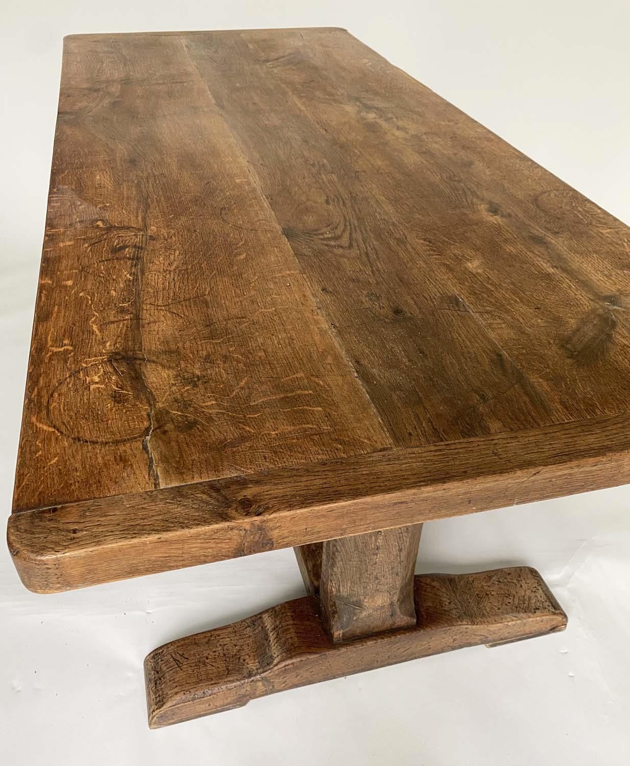 REFECTORY TABLE, antique English oak rectangular cleated on substantial carved trestle and stretcher - Image 2 of 6