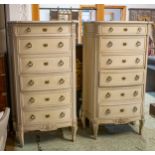 TALL BOWFRONT COMMODES, a pair, 19th century French painted, each with marble top, one with six