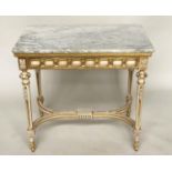 CONSOLE TABLE, French Louis XVI style grey painted parcel gilt with Carrara marble top, ribbon