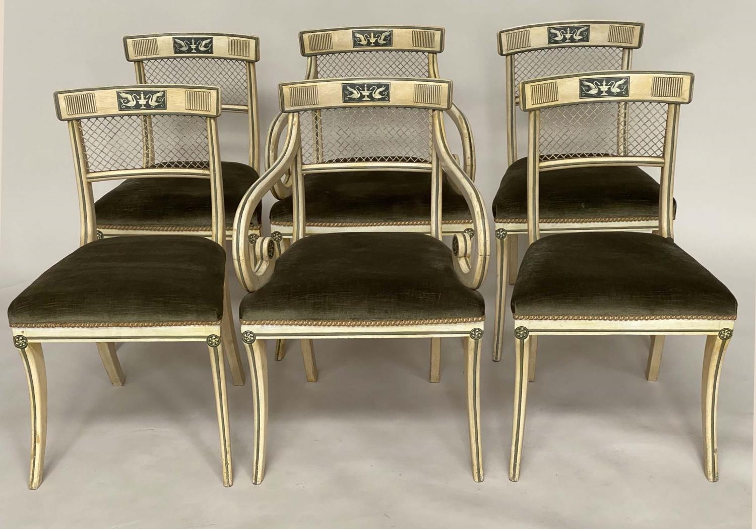 DINING CHAIRS, a set of six, Regency style painted with arch bowed backs and green velvet