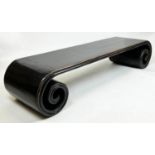 LOW SCROLL TABLE, 37cm H x 187cm x 49cm, Chinese black lacquer.