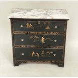 CHINOISERIE CHEST, 19th century black lacquered and gilt Chinoiserie decorated with arabiscata