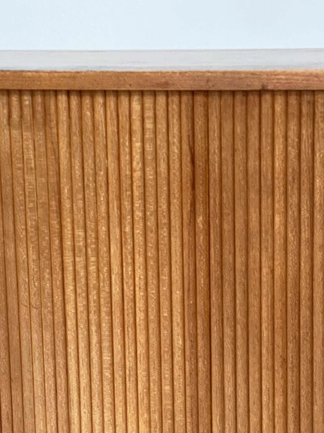 SIDEBOARD, mid 20th century teak, with tambour sliding front enclosing four shelves and four sliding - Image 3 of 5