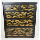 FISH CHEST, 113cm H x 100cm x 48cm, Victorian black painted and later decoupage decorated of five