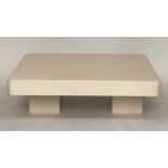 TRAVERTINE LOW TABLE, 1970's Italian rounded rectangular marble on twin plinth supports, 92cm x