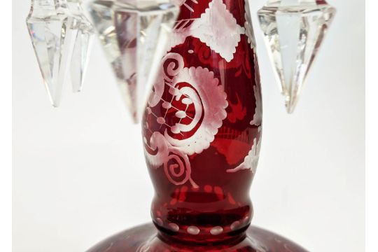 LUSTRE & VASE SET, comprising a pair of cranberry glass flash cut lustres with clear glass - Image 6 of 8