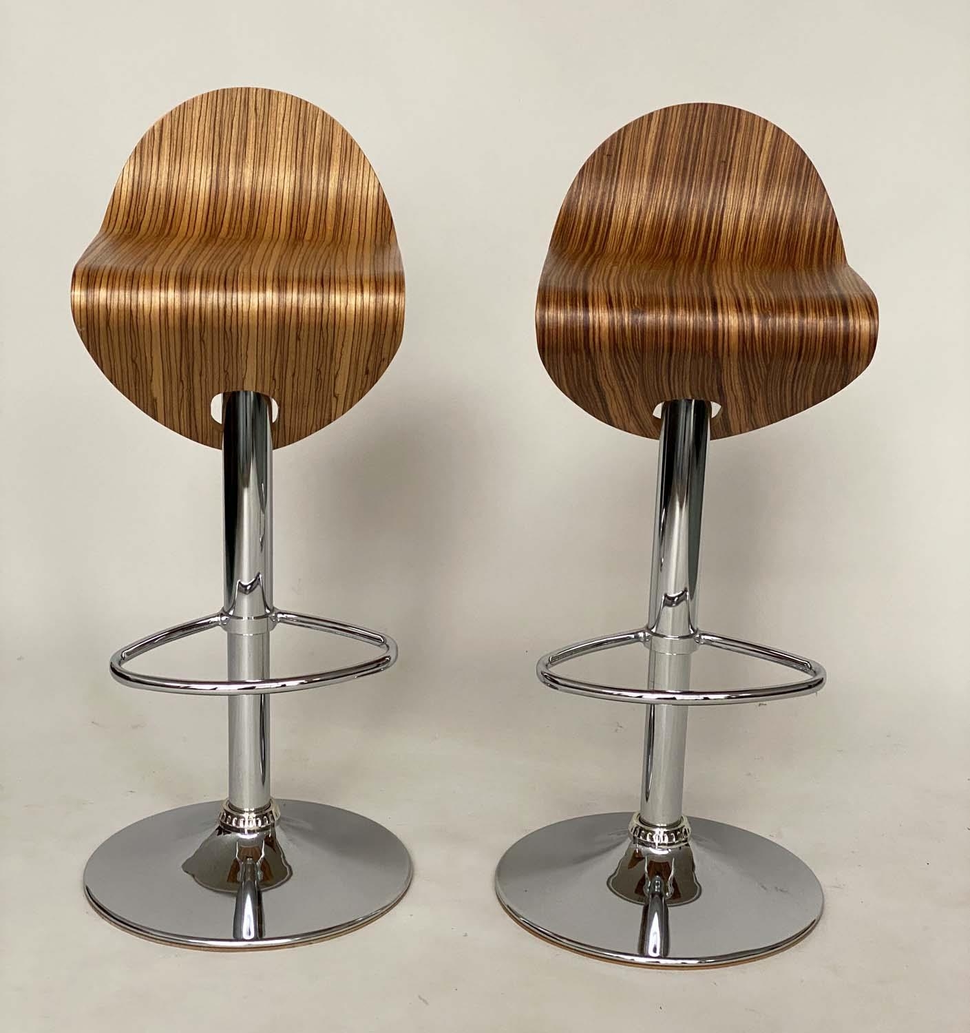 BARSTOOLS, a pair, 1970s style veneered bentwood revolving on height adjustable chrome base with - Image 2 of 4