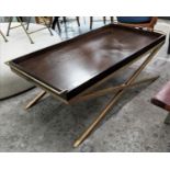 COCKTAIL TABLE, 140cm x 51cm, gilt metal X frame design.