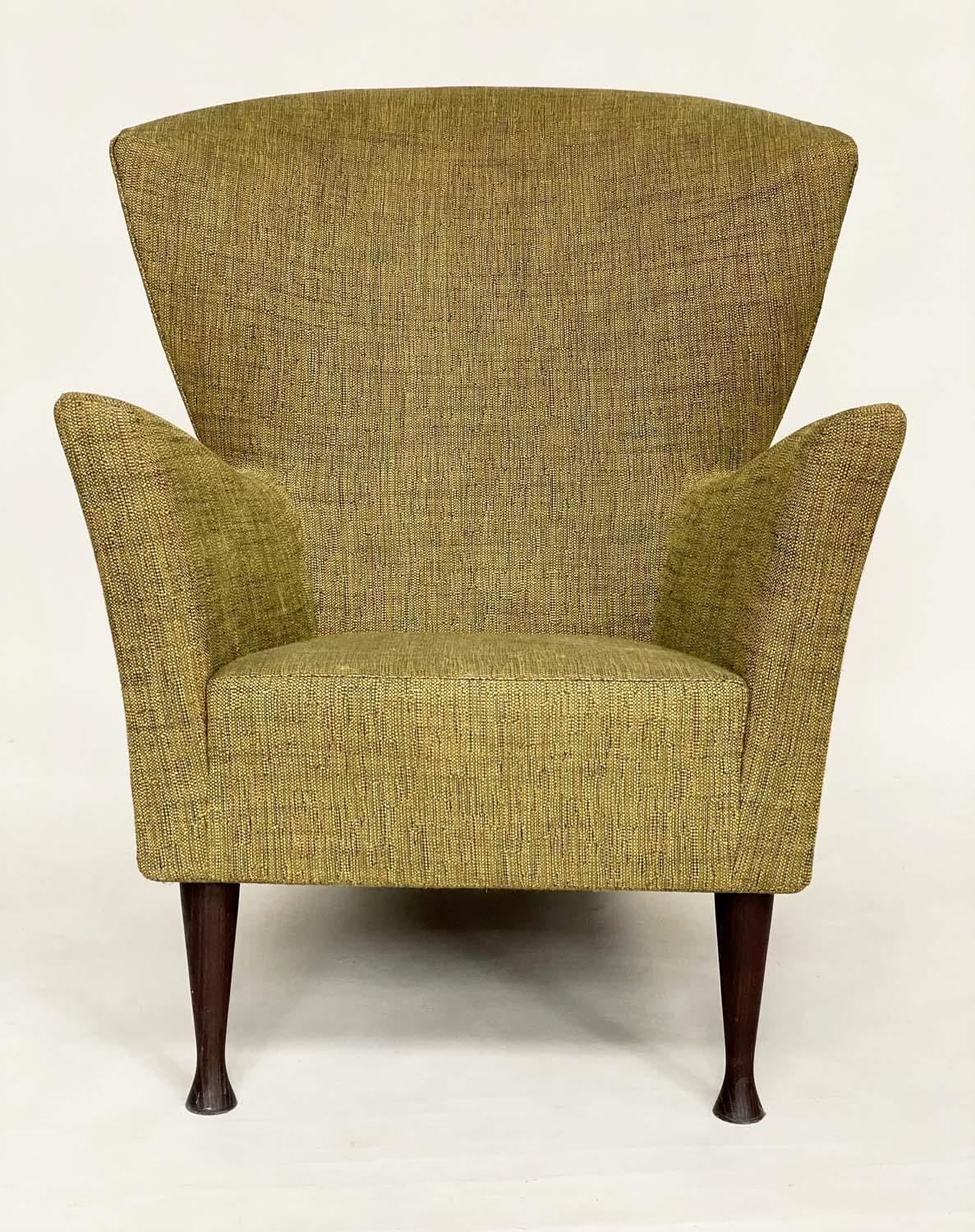 MANNER OF HOWARD KEITH ARMCHAIR, vintage 60s with wing back angular arms and green linen weave - Image 4 of 5