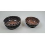 VEART MURANO ART GLASS BOWLS, two engraved 1983 and 1984 with dark spiral candy cane design, largest