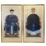 CHINESE ANCESTRAL PORTRAITS, watercolour on paper, probably 19th century, each 165cm x 91cm. (2)