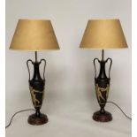 TABLE LAMPS, 19th century French, a pair, bronze and ormolu turned handled classical vase. (2)