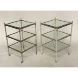 LAMP TABLES, a pair, Regency style silvered metal framed with three square bevelled glass shelves,