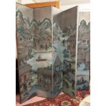 ORIENTAL SCREEN, six fold decorated with garden figural scenes, 214cm H x 276cm.