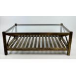 LOW TABLE, 120cm x 70cm x 45cm H, 1970's French brass with slatted under tier shelf.