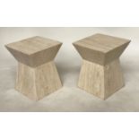 TRAVERTINE TABLES, a pair, square section Italian marble with waisted plinths, 40cm x 40cm x 50cm H.