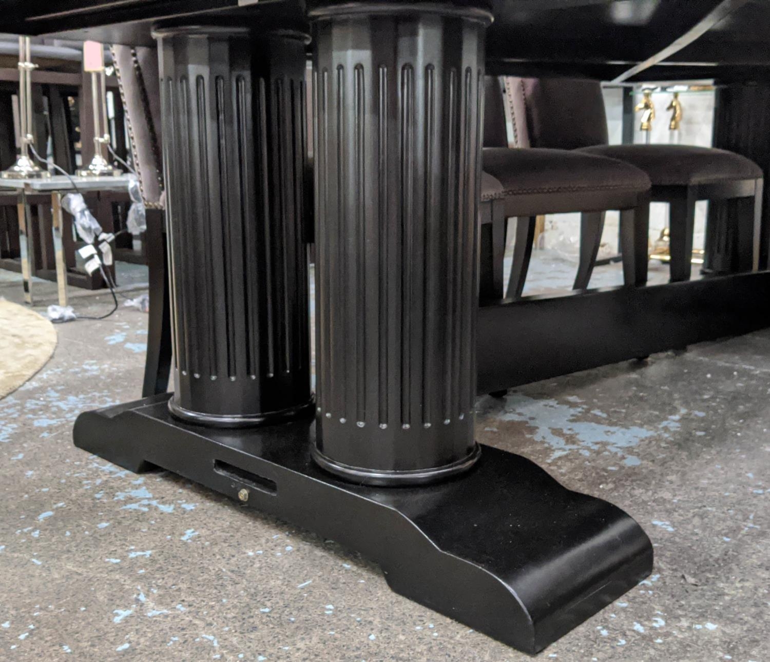 DINING TABLE, ebonised finish, double pedestal base with twin column detail, 270cm x 110cm x 77cm. - Image 2 of 5
