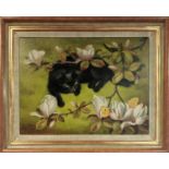 JAIME MANRIQUE (B1940, Spain) 'Cat, Magnolia and Butterflies', oil on board, signed, 45cm x 60cm,