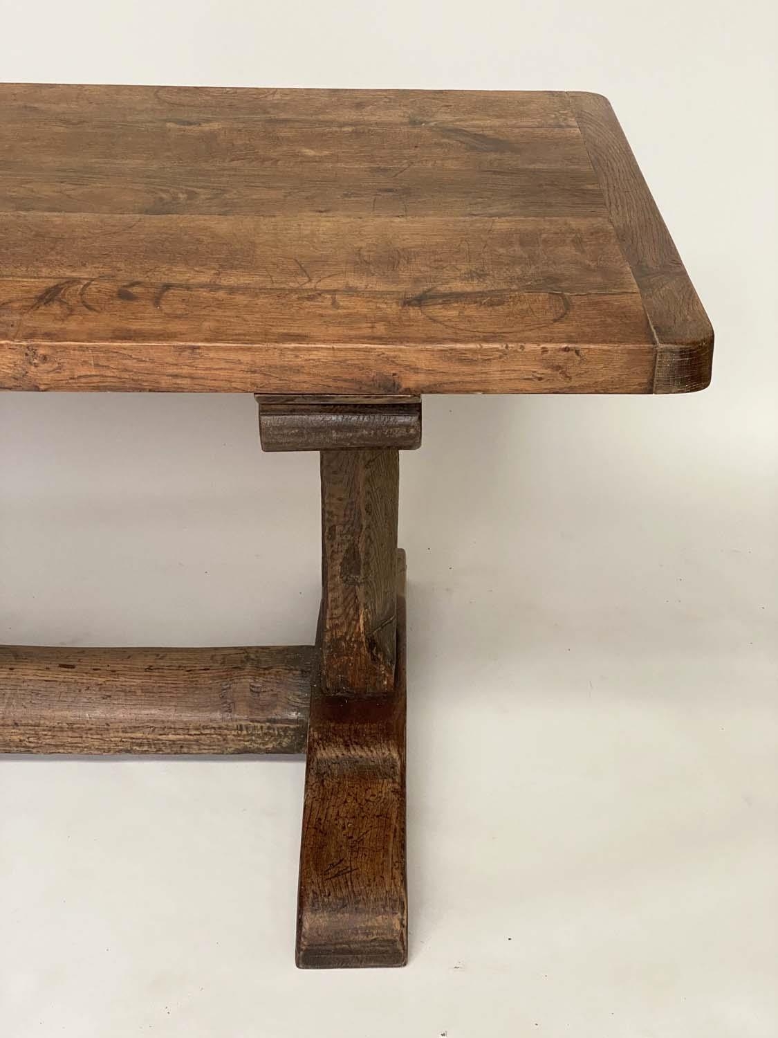 REFECTORY TABLE, antique English oak rectangular cleated on substantial carved trestle and stretcher - Image 6 of 6