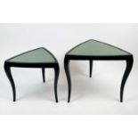 TRIANGULAR NESTING SIDE TABLES, a set of two, 1950's Italian ebonised with turquoise leather tops,