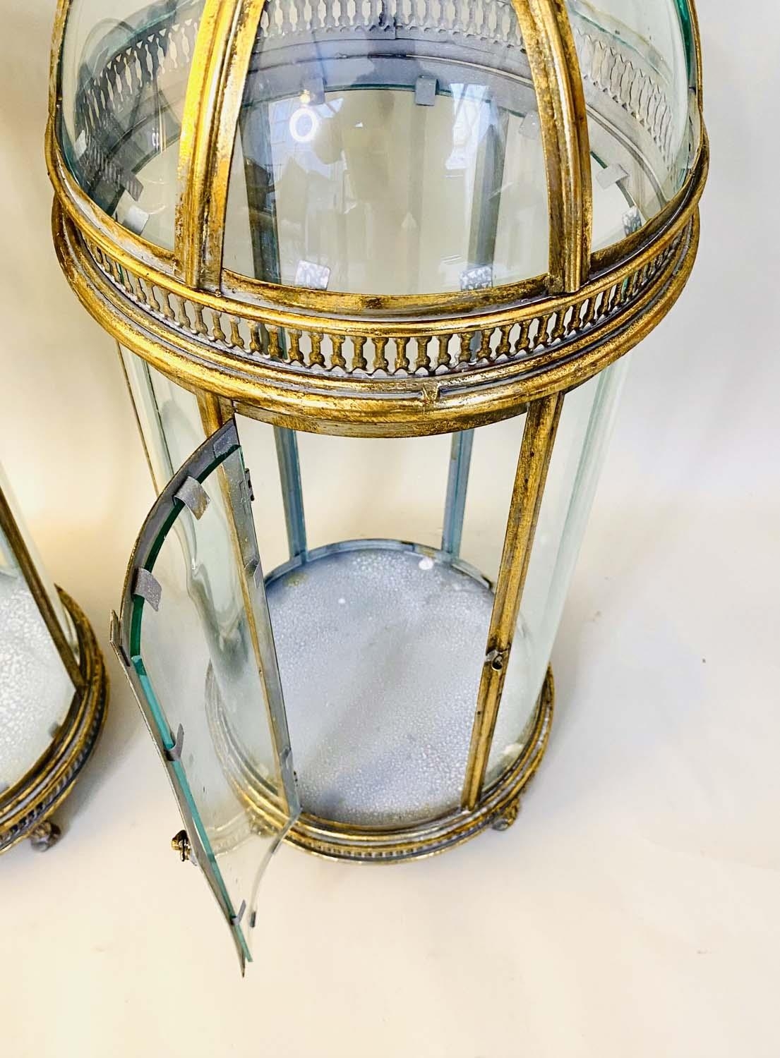 STORM LANTERNS, pair, 80cm H x 28cm diam., Regency style, curved glazed sides and gilt metal frames. - Image 3 of 4