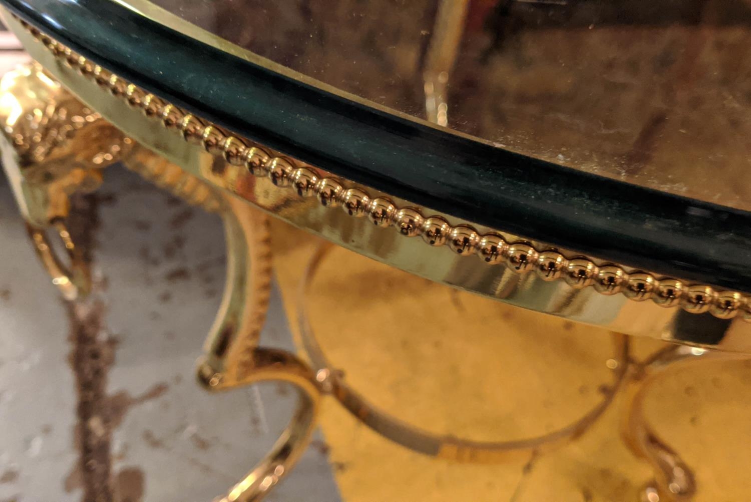 MAISON JANSEN STYLE SIDE TABLE, rams head detail, gilt metal and glass, 65cm x 50cm. - Image 3 of 4