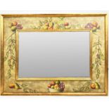 WALL MIRROR, Continental fruit design painted frame with a rectangular bevelled plate, 134cm x