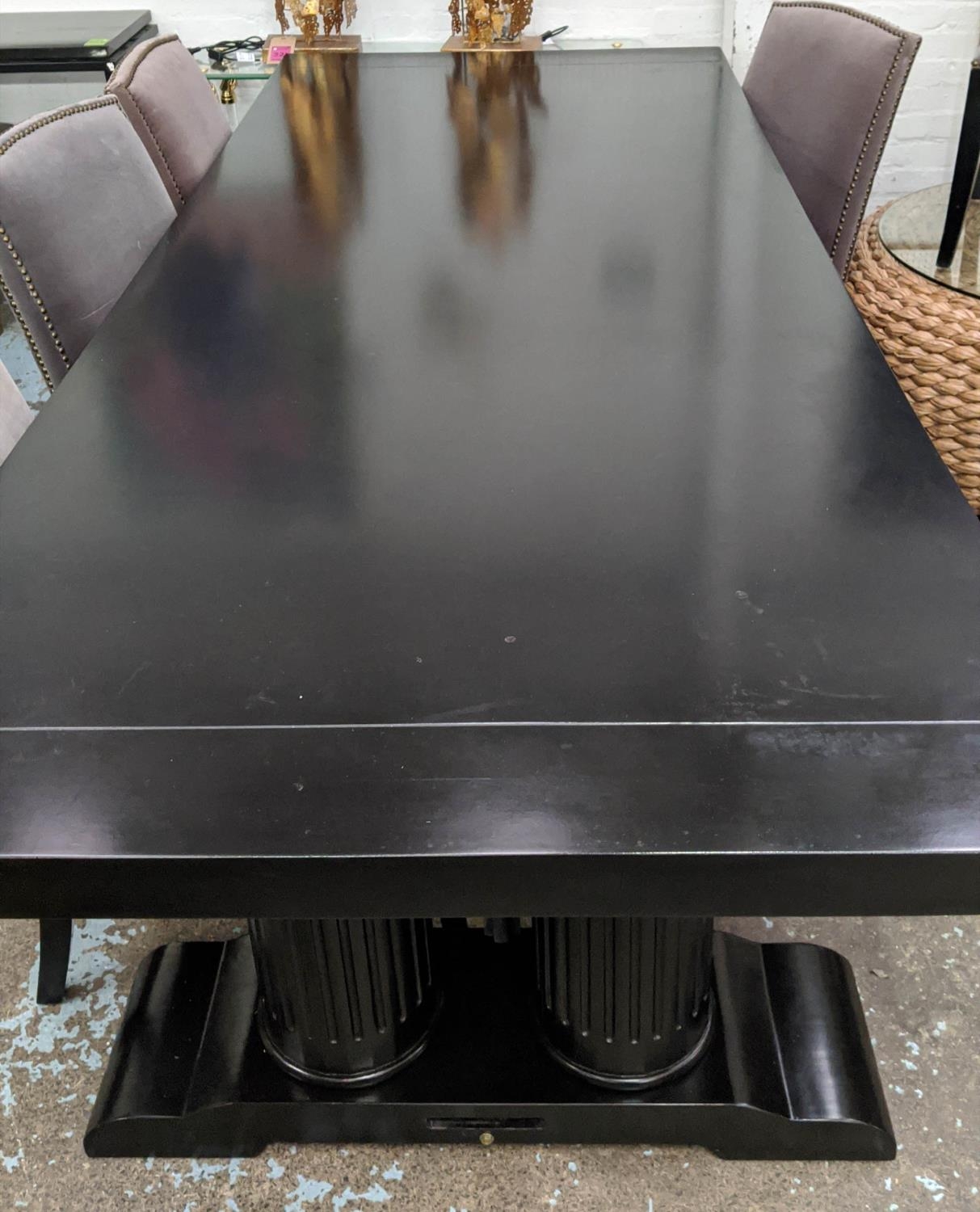 DINING TABLE, ebonised finish, double pedestal base with twin column detail, 270cm x 110cm x 77cm. - Image 3 of 5