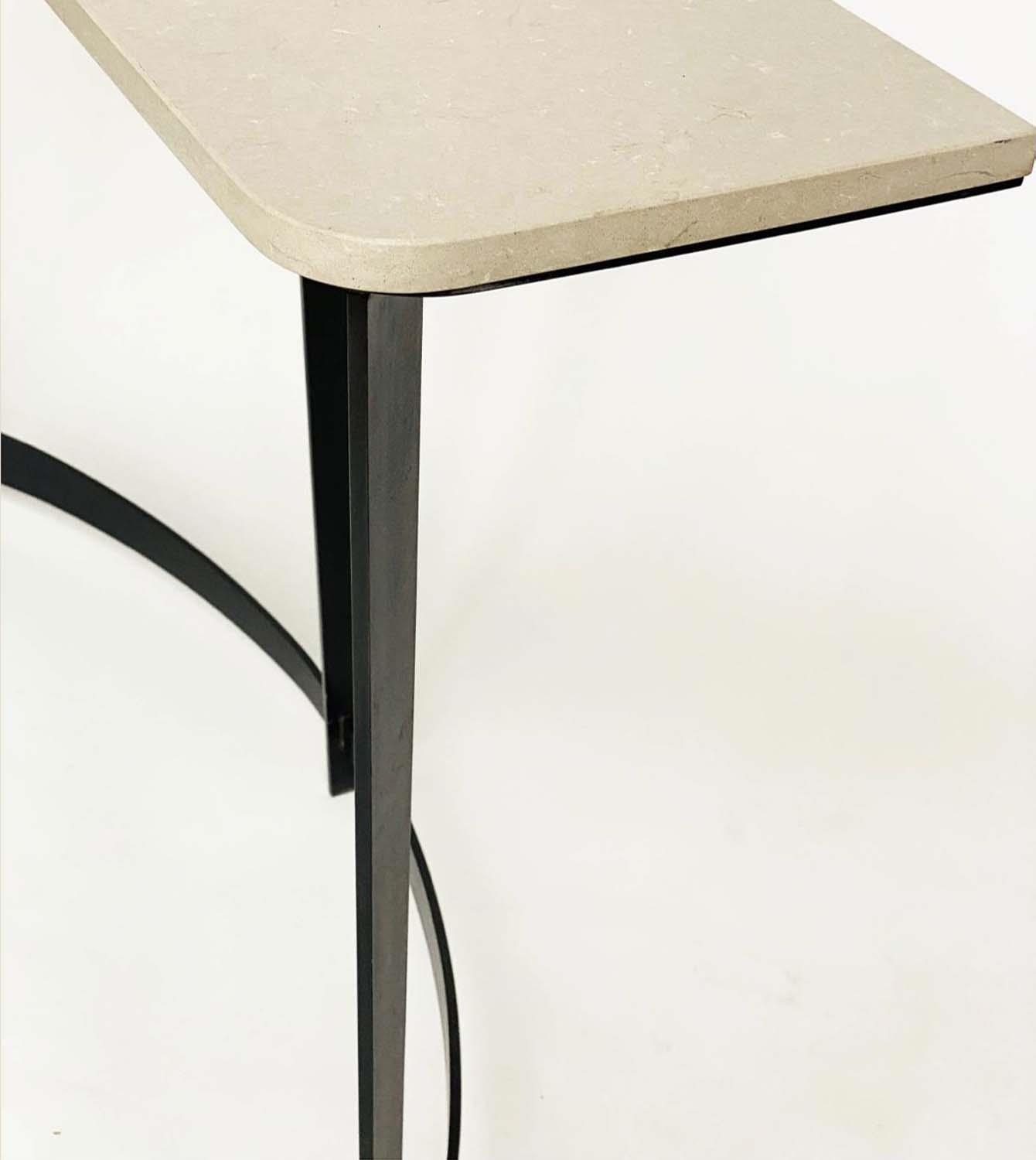 TOM FAULKNER CONSOLE TABLE, taupe shaped marble top raised upon wrought iron concave and tapering - Image 3 of 4