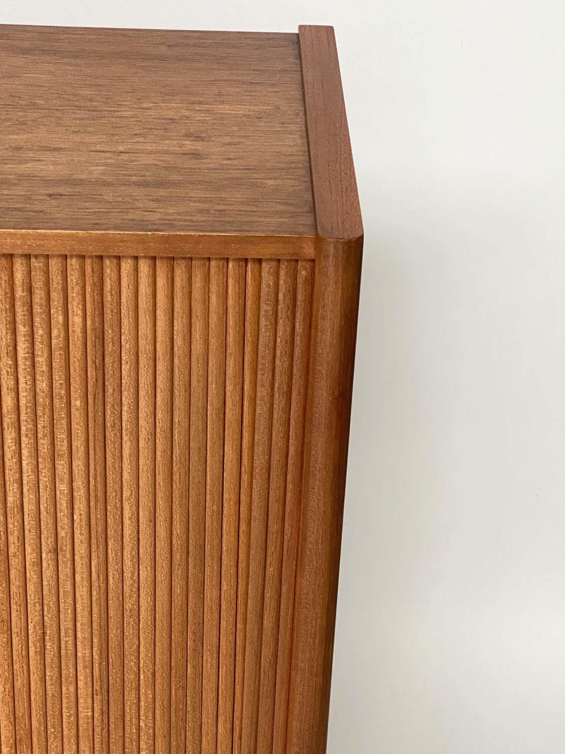 SIDEBOARD, mid 20th century teak, with tambour sliding front enclosing four shelves and four sliding - Image 2 of 5