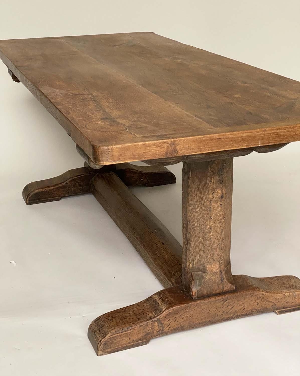 REFECTORY TABLE, antique English oak rectangular cleated on substantial carved trestle and stretcher - Image 3 of 6